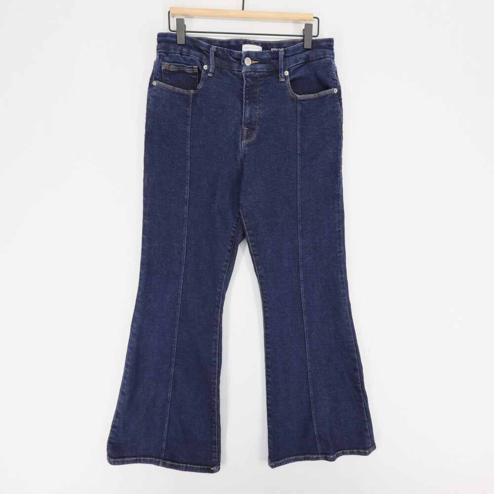 Good American Good Petite Flare Jeans Womens 14/32 Blue Front Seam Mid Rise Dark